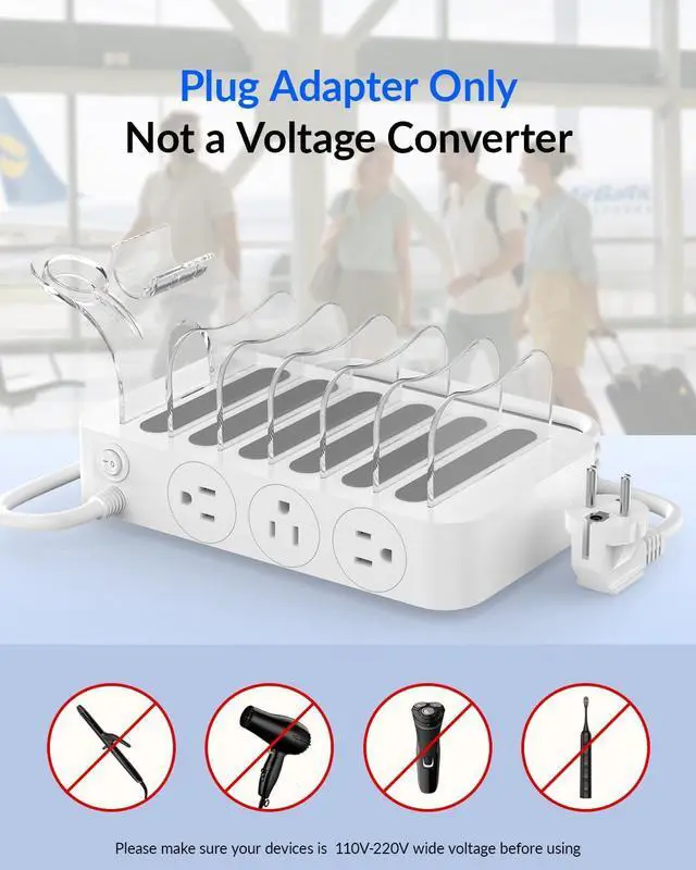 Alt view image 5 of 7 - 60W Charging Station for Multiple Devices, 6 Port European Travel Adapter with 3 AC Outlets, 3 USB C, 3USB A, 6ft tension Cord, 6 Mix Caes, 5 Travel Plug Converter for US to EU/UK/AU/IT