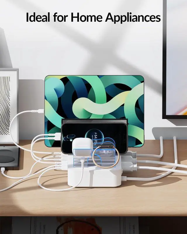 Alt view image 6 of 7 - 60W Charging Station for Multiple Devices, 6 Port European Travel Adapter with 3 AC Outlets, 3 USB C, 3USB A, 6ft tension Cord, 6 Mix Caes, 5 Travel Plug Converter for US to EU/UK/AU/IT