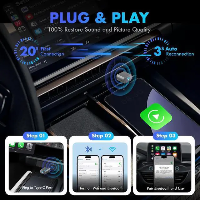 Alt view image 2 of 7 - Mini Wireless Carplay Adapter for - Convert Wired to Wireless CarPlay Dongle, 2025 Upgraded Plug and Play uetooth Car Play Adapters USB C for Cars from 2018 and for iPhone 6+