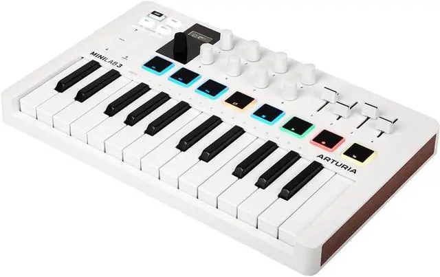 Alt view image 2 of 6 - MiniLab 3 Coact MIDI Keyboard and Pad Controller | White Bundle with 6ft MIDI Cae + Microfiber Cleaning Cloth (3 Item)