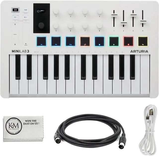Main image of MiniLab 3 Coact MIDI Keyboard and Pad Controller | White Bundle with 6ft MIDI Cae + Microfiber Cleaning Cloth (3 Item)