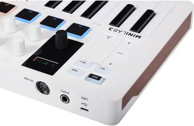 Alt view image 5 of 6 - MiniLab 3 Coact MIDI Keyboard and Pad Controller | White Bundle with 6ft MIDI Cae + Microfiber Cleaning Cloth (3 Item)