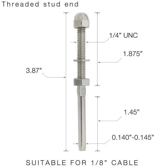 Alt view image 2 of 7 - 100 Pack  Threaded Terminal Stud End Cae Railing Kit, Threaded Tension Stud End,Stainless Steel Hand Swage Stud for 1/8" Cae Deck Railing,Rail System,Cae Tensioner