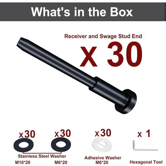 Alt view image 2 of 7 - 30 Pack ack Invisie Cae Railing kit, 1/8" Stainless Steel Invisie Receiver and Swage Stud End for Cae Railing Hardware, Deck Stair Threaded End Fitting for 2x2 Wood Metal Post