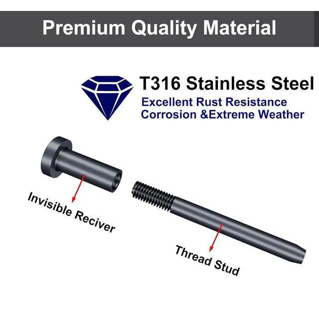 Alt view image 4 of 7 - 30 Pack ack Invisie Cae Railing kit, 1/8" Stainless Steel Invisie Receiver and Swage Stud End for Cae Railing Hardware, Deck Stair Threaded End Fitting for 2x2 Wood Metal Post