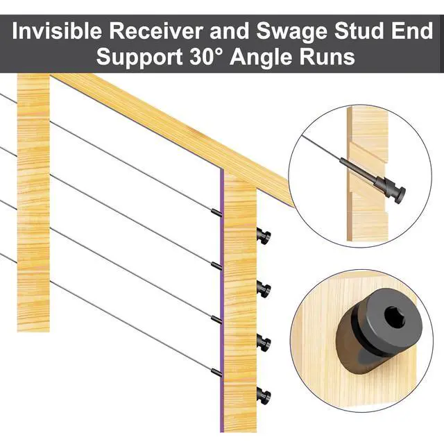 Alt view image 6 of 7 - 30 Pack ack Invisie Cae Railing kit, 1/8" Stainless Steel Invisie Receiver and Swage Stud End for Cae Railing Hardware, Deck Stair Threaded End Fitting for 2x2 Wood Metal Post
