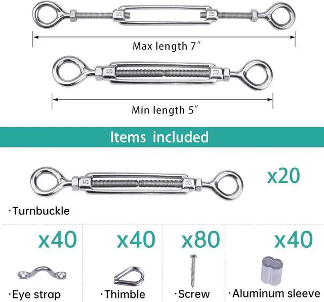 Alt view image 2 of 6 - 20 Set 1/8" Cae Railing Hardware Kit Heavy Duty Turnbuckle M5 Eye to Eye for Wood Post T304 Stainless Steel Deck Cae Railing System Angle 180° Adjustae Stairs 20 Pairs CK01