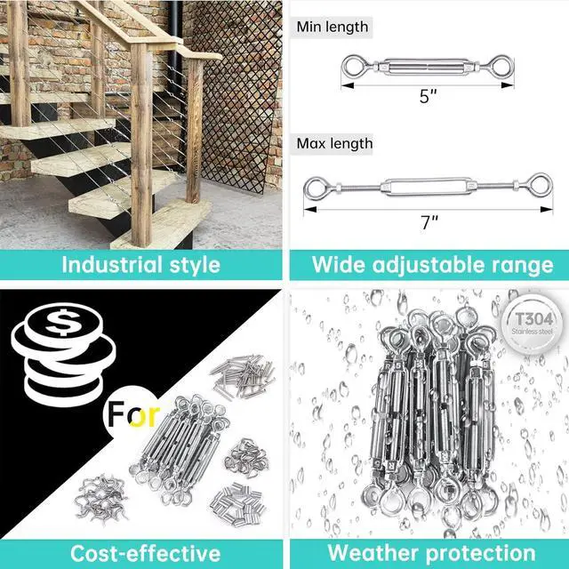 Alt view image 3 of 6 - 20 Set 1/8" Cae Railing Hardware Kit Heavy Duty Turnbuckle M5 Eye to Eye for Wood Post T304 Stainless Steel Deck Cae Railing System Angle 180° Adjustae Stairs 20 Pairs CK01