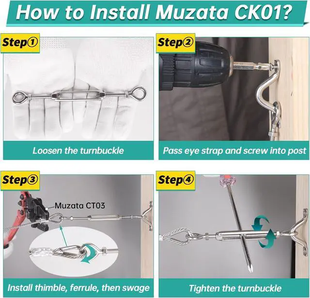 Alt view image 4 of 6 - 20 Set 1/8" Cae Railing Hardware Kit Heavy Duty Turnbuckle M5 Eye to Eye for Wood Post T304 Stainless Steel Deck Cae Railing System Angle 180° Adjustae Stairs 20 Pairs CK01