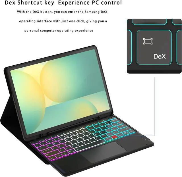 Alt view image 2 of 7 - Keyboard Case for Galaxy Tab S10 FE+ Plus 13.1" 2025 : One-Click D Mode, Rainbow Backlit, Multi-Touch Trackpad, Flip Stand Case with S-Pen Holder, 2 Wireless Channels Key Board Cover