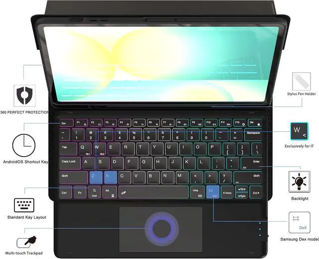 Alt view image 3 of 7 - Keyboard Case for Galaxy Tab S10 FE+ Plus 13.1" 2025 : One-Click D Mode, Rainbow Backlit, Multi-Touch Trackpad, Flip Stand Case with S-Pen Holder, 2 Wireless Channels Key Board Cover