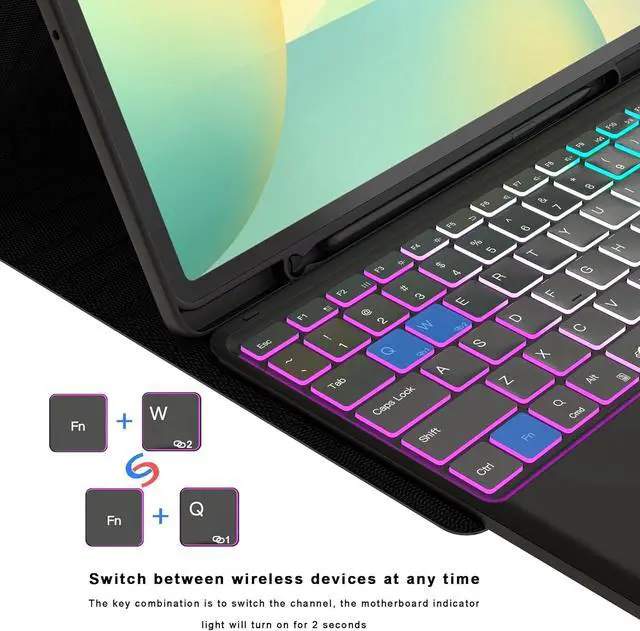 Alt view image 4 of 7 - Keyboard Case for Galaxy Tab S10 FE+ Plus 13.1" 2025 : One-Click D Mode, Rainbow Backlit, Multi-Touch Trackpad, Flip Stand Case with S-Pen Holder, 2 Wireless Channels Key Board Cover
