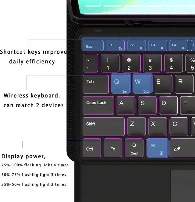 Alt view image 5 of 7 - Keyboard Case for Galaxy Tab S10 FE+ Plus 13.1" 2025 : One-Click D Mode, Rainbow Backlit, Multi-Touch Trackpad, Flip Stand Case with S-Pen Holder, 2 Wireless Channels Key Board Cover