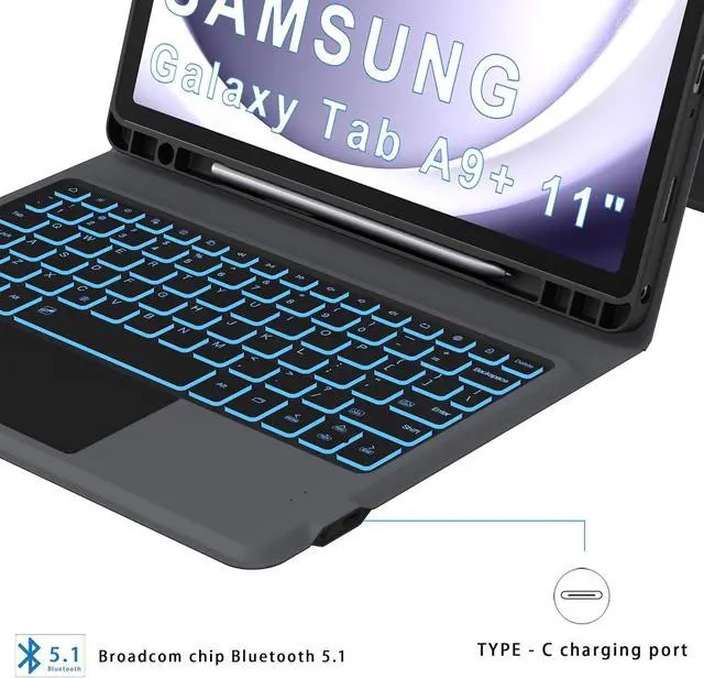 Alt view image 4 of 7 - Folio Touch Keyboard Case for Galaxy Tab A9+ 11 inch - Slim Wireless Smart Touch Trackpad Keyboard Folio Taet Cover - Backlit Keyboard with Kickstand for Tab A9 Plus 11" 2023 ack
