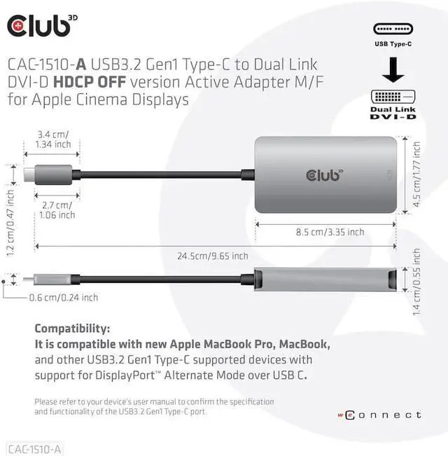 Alt view image 2 of 7 - Club3D CAC-1510-A USB Type C to Dual Link DVI-D Cae Adapter Support 3840x2160@30hz, 2560x1600@60Hz HDCP Off for Cinema Displays M/F