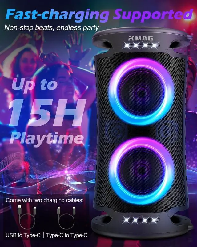 Alt view image 5 of 7 - Large uetooth Speaker, 260W Peak Powerful Loud Sound with Deep Bass, 15Hr Playtime, Fast Charge, TWS, Cool Lights, Portae Outdoor Speaker Wireless for Party, Caing, Beach, Backyard, Home, Work