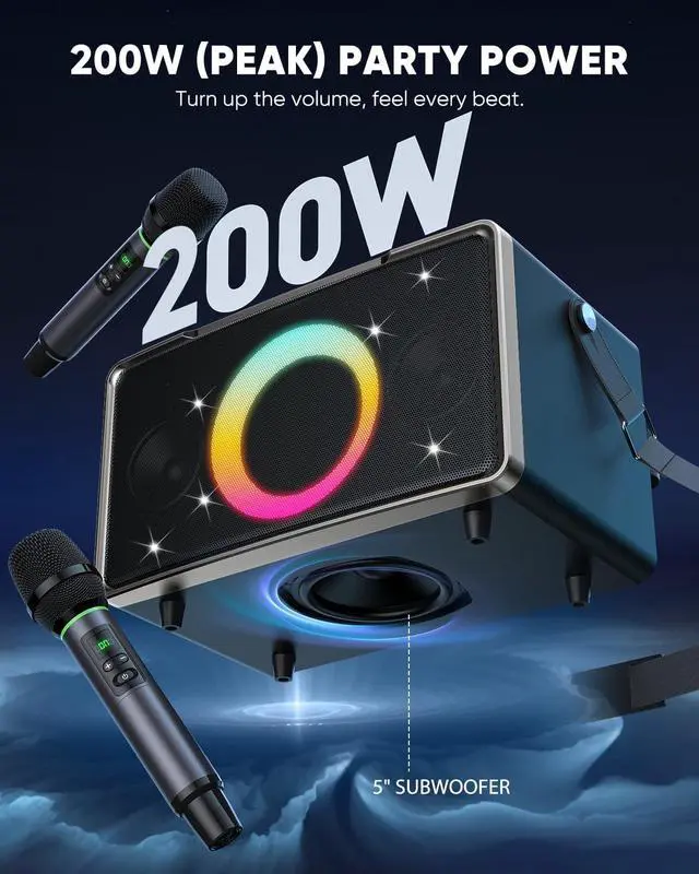 Alt view image 2 of 7 - Portae uetooth Speaker: 200W Peak, Deep Bass, 15H Playtime, Large Party Wireless Speakers, Powerful Loud Sound, Light Show, Fast Charging for Outdoor, Backyard, Home(Silver with 2Mic)