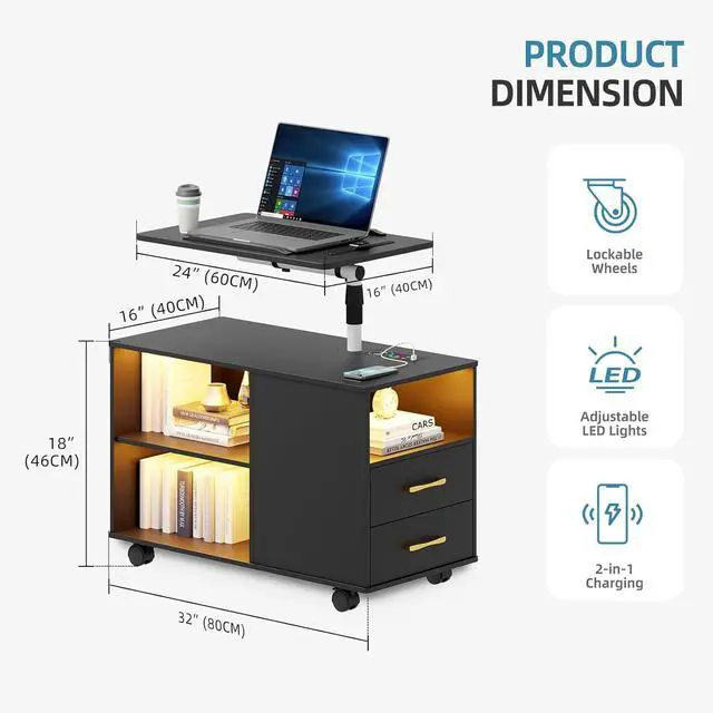 Alt view image 2 of 7 - Gurl 360° LED Nightstand with Wireless Charging Station, Movae Adjustae Bedside Tae with Laptop Tray, Auto Sensor Night Stand for Bedroom (ack)