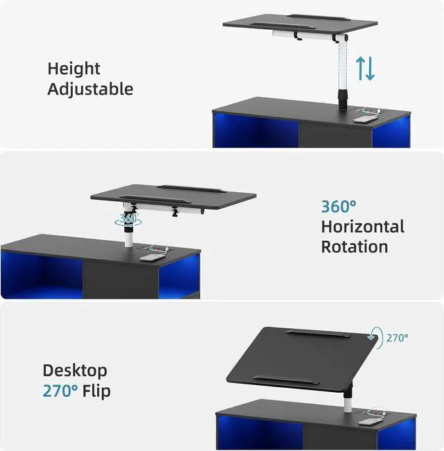 Alt view image 3 of 7 - Gurl 360° LED Nightstand with Wireless Charging Station, Movae Adjustae Bedside Tae with Laptop Tray, Auto Sensor Night Stand for Bedroom (ack)