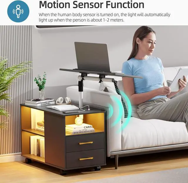 Alt view image 5 of 7 - Gurl 360° LED Nightstand with Wireless Charging Station, Movae Adjustae Bedside Tae with Laptop Tray, Auto Sensor Night Stand for Bedroom (ack)