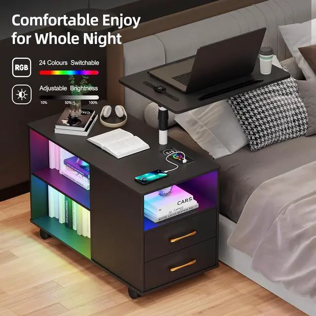 Alt view image 6 of 7 - Gurl 360° LED Nightstand with Wireless Charging Station, Movae Adjustae Bedside Tae with Laptop Tray, Auto Sensor Night Stand for Bedroom (ack)