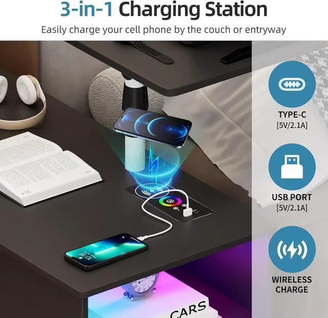 Alt view image 4 of 7 - Gurl 360° LED Nightstand with Wireless Charging Station, Movae Adjustae Bedside Tae with Laptop Tray, Auto Sensor Night Stand for Bedroom (ack)