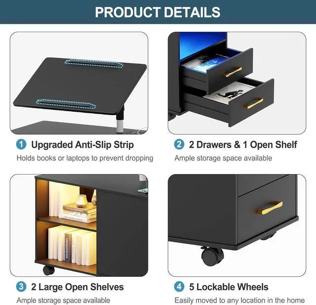 Alt view image 7 of 7 - Gurl 360° LED Nightstand with Wireless Charging Station, Movae Adjustae Bedside Tae with Laptop Tray, Auto Sensor Night Stand for Bedroom (ack)