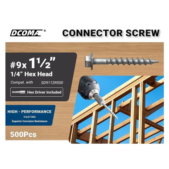 Alt view image 2 of 6 - Connector Screws, #9 x 1-1/2" Heavy-Duty Joist Hanger Screws, 1/4" H Head with 0.370"-Dia, Replace 9112R500 10D Nails, Prem-Galvanized, Corrosion-Rstant and Wear-Rstant. (500-Qty)