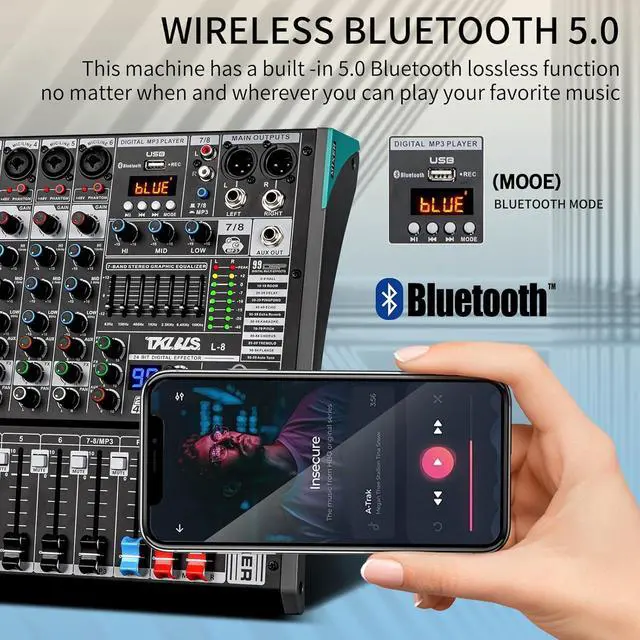 Alt view image 2 of 7 - Audio Mixer, TKLS Professional 8 Channel DJ Mixer Board with 99-Bit DSP, Sound Board Mixing Console 7-Band EQ Output, USB Audio Interface, uetooth 48V Phantom Power For Karaoke Studio Streaming