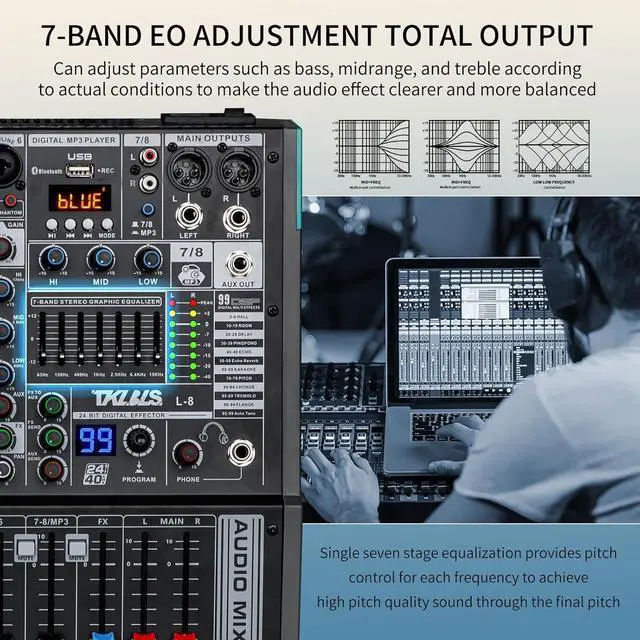 Alt view image 4 of 7 - Audio Mixer, TKLS Professional 8 Channel DJ Mixer Board with 99-Bit DSP, Sound Board Mixing Console 7-Band EQ Output, USB Audio Interface, uetooth 48V Phantom Power For Karaoke Studio Streaming