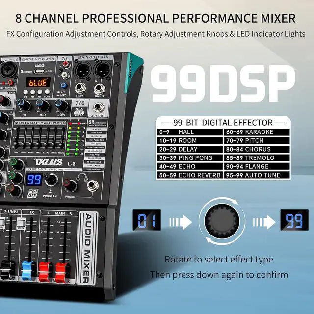 Alt view image 5 of 7 - Audio Mixer, TKLS Professional 8 Channel DJ Mixer Board with 99-Bit DSP, Sound Board Mixing Console 7-Band EQ Output, USB Audio Interface, uetooth 48V Phantom Power For Karaoke Studio Streaming