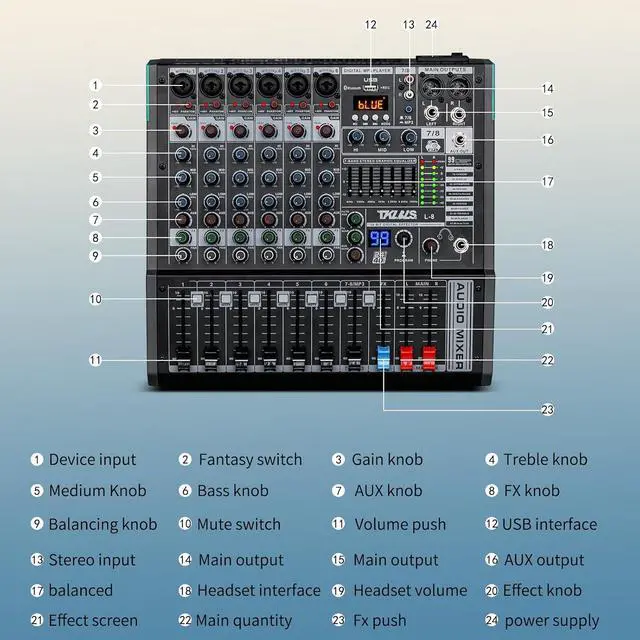 Alt view image 7 of 7 - Audio Mixer, TKLS Professional 8 Channel DJ Mixer Board with 99-Bit DSP, Sound Board Mixing Console 7-Band EQ Output, USB Audio Interface, uetooth 48V Phantom Power For Karaoke Studio Streaming