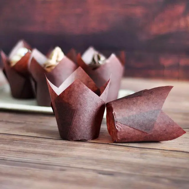 Alt view image 4 of 5 - 500 pcs Large size Brown Tulip Baking Cups 2-1/4"(Base diameter) x 4"(Wall height) Greaseproof paper baking cupcake Muffin liners
