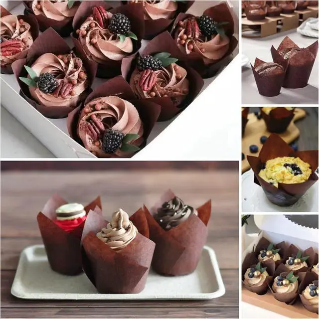 Alt view image 5 of 5 - 500 pcs Large size Brown Tulip Baking Cups 2-1/4"(Base diameter) x 4"(Wall height) Greaseproof paper baking cupcake Muffin liners