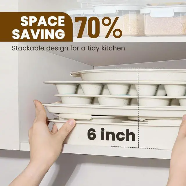 Alt view image 6 of 7 - 22 PCS Nonstick Baking Pans Set, Stackae Bakeware Sets with Silicone Handles, 450°F Oven Safe Baking Sheet Set, Easy Release Cookie Sheets for Baking, Cream