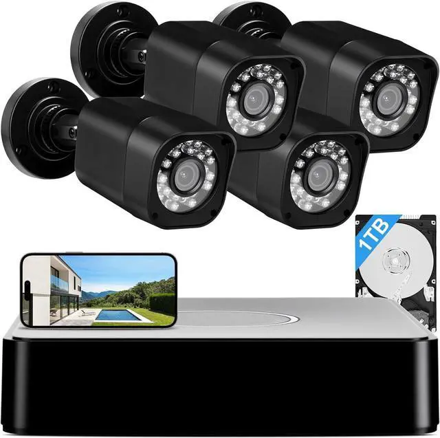 1080P Wired Security Camera System, 8CH CCTV Surveillance DVR with 1TB Hard Drive, 4 x Home 5 Wired Security Cameras Outdoor with Human Vehicle Detection, IP68 Waterproof, Remote Access