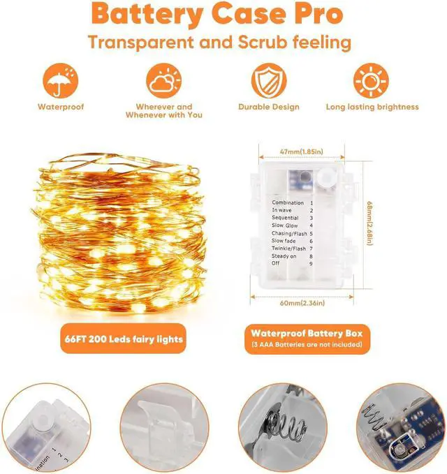 Alt view image 5 of 7 - 4 Pack 65.6 Ft. Battery Operated Outdoor String Lights with Remote & Timer, LED Warm White Fairy Lights, Waterproof Twinkle Lights for Bedroom, Dorm, Mason Jar, Wedding, Party, Chrias