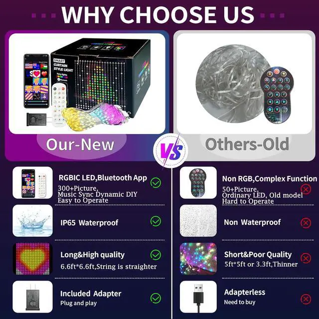 Alt view image 4 of 7 - Smart Curtain Lights 400 LED, Color Changing Curtain Lights 6.6ft*6.6ft with APP&Remote,Dynamic DIY Fairy String Light for Bedroom Living Room Backdrop LED Halloween Chrismas Light Decor