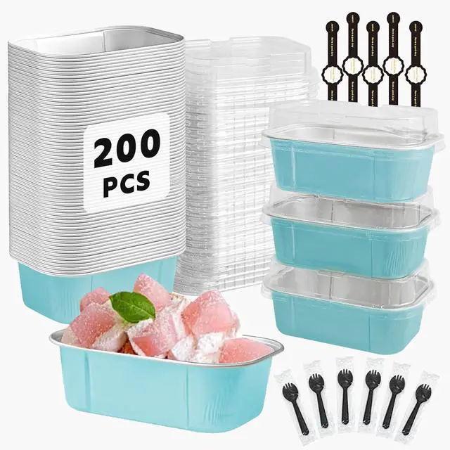 Main image of Mini Cake Pans With Lids And Spoons,5.5 oz Rectangle Mini individual Loaf Pans Disposable Aluminum Foil Small Baking Cups Tins (200, Wathet)