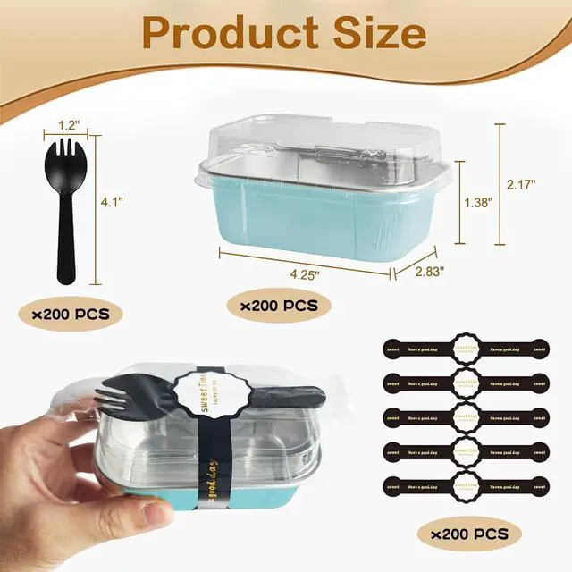 Alt view image 3 of 7 - Mini Cake Pans With Lids And Spoons,5.5 oz Rectangle Mini individual Loaf Pans Disposable Aluminum Foil Small Baking Cups Tins (200, Wathet)
