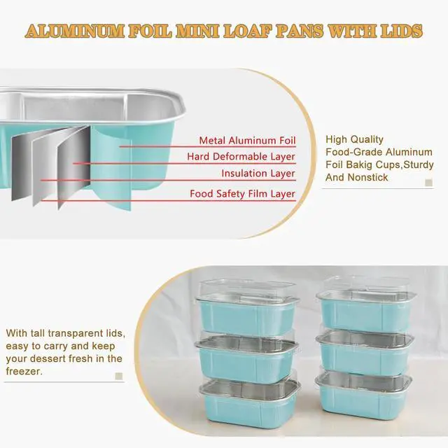 Alt view image 4 of 7 - Mini Cake Pans With Lids And Spoons,5.5 oz Rectangle Mini individual Loaf Pans Disposable Aluminum Foil Small Baking Cups Tins (200, Wathet)