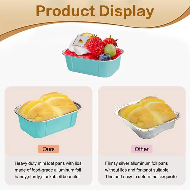 Alt view image 6 of 7 - Mini Cake Pans With Lids And Spoons,5.5 oz Rectangle Mini individual Loaf Pans Disposable Aluminum Foil Small Baking Cups Tins (200, Wathet)