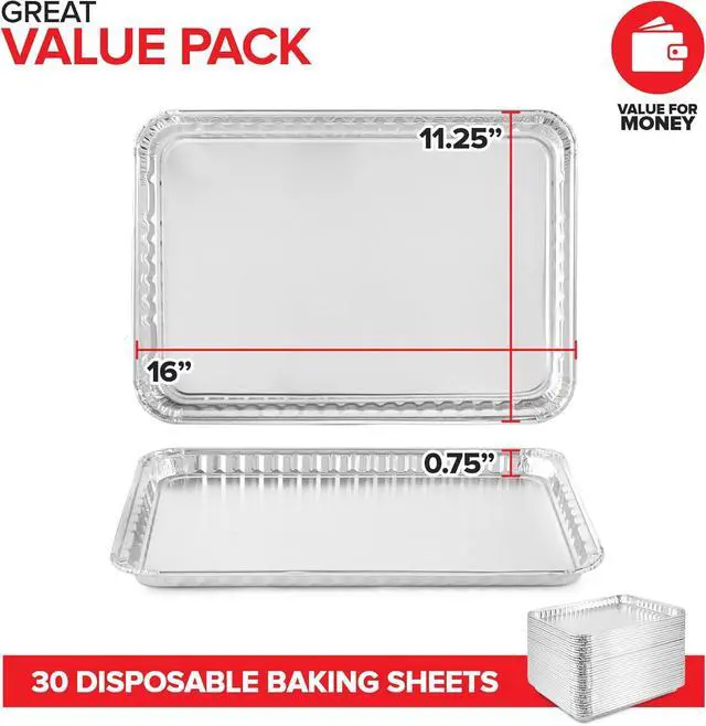 Alt view image 2 of 7 - Disposable Cookie Sheets for Baking (30-Pack) Aluminum Trays, Foil Pans, Shallow Sheet Pan for Cooking Thin Crust Pizza, Brownie Tins, Oven Liners