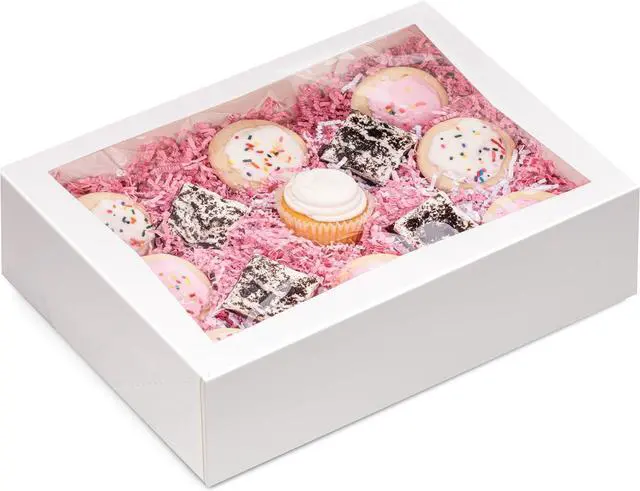 Main image of 100 Pack 14 x 10 x 4 Inches White Bakery Boxes with Window, Auto-Popup Cardboard Gift Packaging and Baking Containers, Cupcake, Cookie and Loaf Bread Boxes