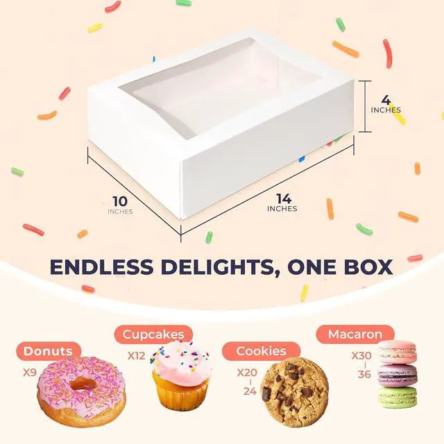 Alt view image 2 of 7 - 100 Pack 14 x 10 x 4 Inches White Bakery Boxes with Window, Auto-Popup Cardboard Gift Packaging and Baking Containers, Cupcake, Cookie and Loaf Bread Boxes