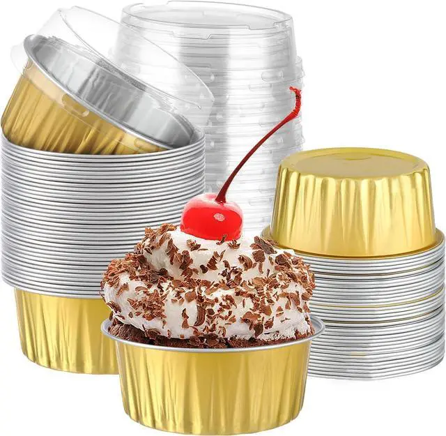 Main image of 600 Pack Mini Cake Pans With Lids, Individual Cupcake Containers 5oz Gold Alluminum Cups, Dessert Cups with Lids for Holiday Party Cake Baking Sales Mini Storage Box Stackable Portable