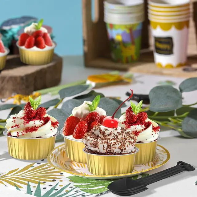 Alt view image 2 of 7 - 600 Pack Mini Cake Pans With Lids, Individual Cupcake Containers 5oz Gold Alluminum Cups, Dessert Cups with Lids for Holiday Party Cake Baking Sales Mini Storage Box Stackable Portable