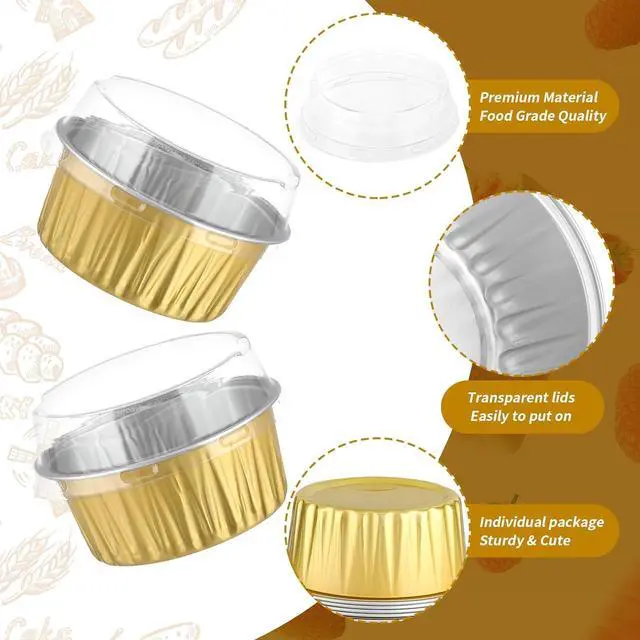 Alt view image 4 of 7 - 600 Pack Mini Cake Pans With Lids, Individual Cupcake Containers 5oz Gold Alluminum Cups, Dessert Cups with Lids for Holiday Party Cake Baking Sales Mini Storage Box Stackable Portable