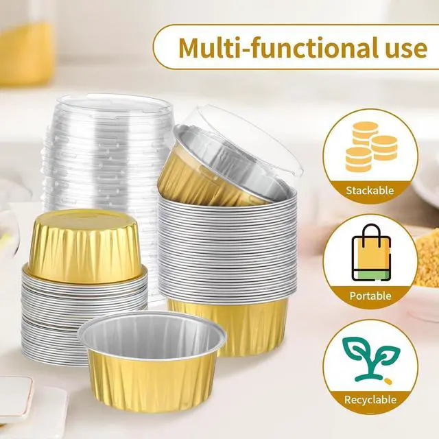 Alt view image 6 of 7 - 600 Pack Mini Cake Pans With Lids, Individual Cupcake Containers 5oz Gold Alluminum Cups, Dessert Cups with Lids for Holiday Party Cake Baking Sales Mini Storage Box Stackable Portable