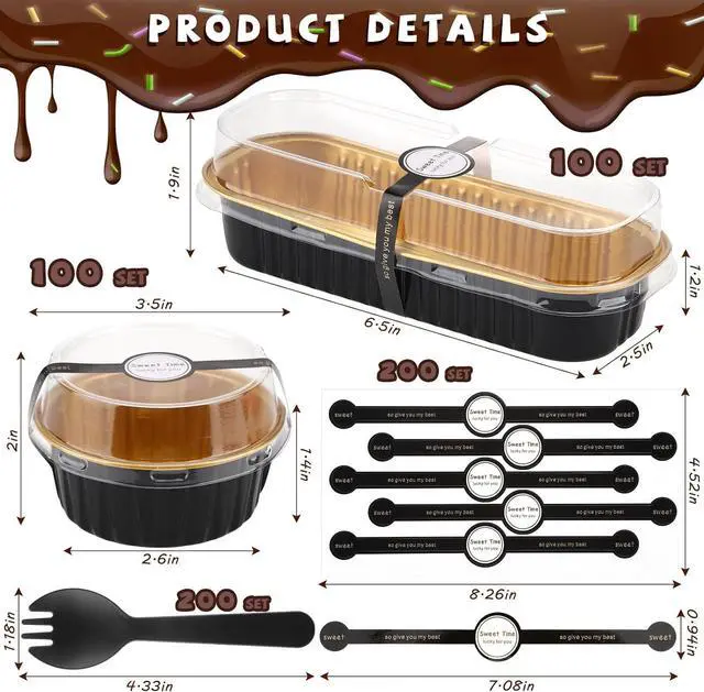 Alt view image 2 of 6 - 600 Pcs Mini Loaf Pans with Lids and Spoons Sealing Stickers 6.8oz Disposable Aluminum Foil Muffin Baking Pans 5oz Cupcake Cups Cake Containers for Mothers Day Holidays Party Picnics(Black)